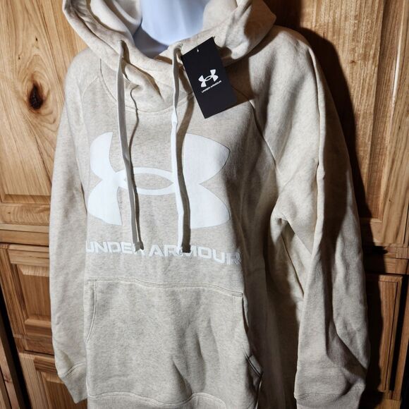 Under Armour Women’s 2X Fleece Hoodie – Oatmeal Beige, Pullover Style - Picture 3 of 9